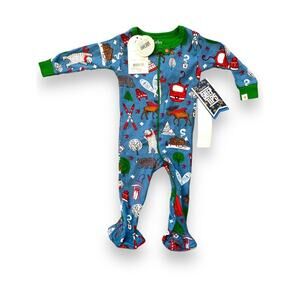 Hatley Kids Pajamas Sz 3-6 Month Blue Multi Vintage Ski Print Footed Coverall